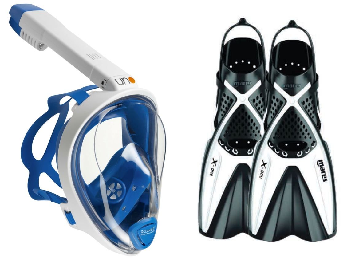 Set na šnorchlovanie s plutvami ARIA UNO + X-ONE s celotvárovou šnorchlovacou maskou